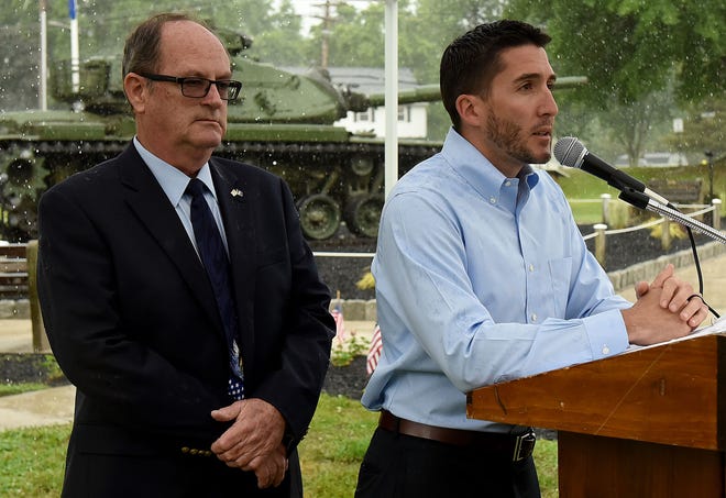 (File) Burlington County Freeholder Ryan Peters addresses those attending the annual Memorial Day service at Veterans Memorial Park in Burlington Township on Tuesday, May 30, 2017. On Wednesday, he was named the Republican Party's choose to run for the 8th district assembly seat in November.