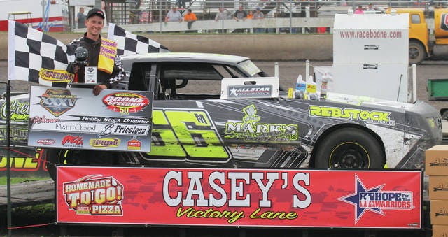 Matt Olson led all 25 laps in Monday’s Hobby Stock qualifying feature at Boone Speedway. Photo contributed to the News-Republican