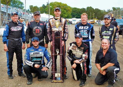Placing in the late model top 10 in points at Fairbury this season were, in front from left, McKay Wenger (sixth), Scott Bull (second) and Glen Thompson (seventh). In back are Snooky Dehm (10th), Kevin Weaver (third), Ryan Unzicker (champion), Mike Spatola (fifth) and Scott Schmitt (eighth). Not pictured are Dan Flessner (fourth) and Steve Thorsten (ninth).