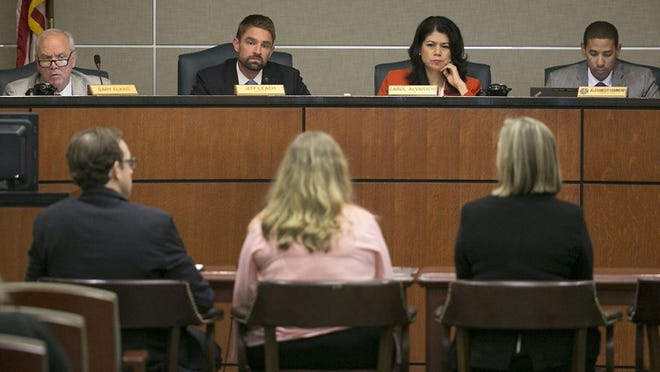 The Texas House Urban Affairs Committee held a public hearing Thursday on the housing needs of people displaced by Hurricane Harvey. From left, Reps. Greg Elkins, R-Houston; Jeff Leach, R-Plano; Carol Alvarado, D-Houston; and Alvarado’s Chief of Staff Alexander Hammond, listen to testimony from General Land Office officials. RALPH BARRERA / AMERICAN-STATESMAN