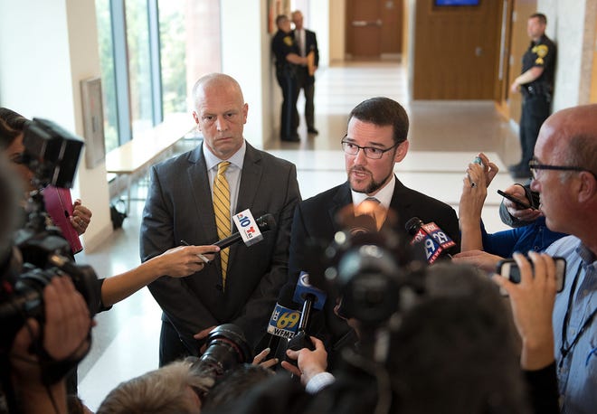 Attorneys Niels Eriksen (left) and Craig Penglase, representing Sean Kratz, speak to the press after their client's preliminary hearing at the Bucks County Justice Center on Thursday, Sept. 7, 2017 in Doylestown Borough.