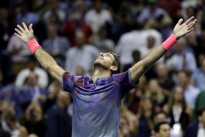 Juan Martin del Potro reacts after defeating Roger Federer during the quarterfinals of the U.S. Open on Wednesday night in New York. [AP Photo/Julio Cortez]