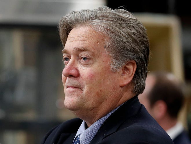 FILE - In this April 29, 2017, file photo, Steve Bannon, chief White House strategist to President Donald Trump, tours The AMES Companies, Inc., with the president in Harrisburg, Pa. (AP Photo/Carolyn Kaster, File)