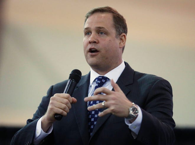 FILE - In this Feb. 28, 2016, file photo, Rep. Jim Bridenstine, R-Tulsa, speaks in Tulsa, Okla. President Donald Trump’s choice to head NASA faces a contentious Senate confirmation over his past comments dismissive of global warming as a man-made problem. Trump has Bridenstine to oversee the space agency, a job that often goes to astronauts or scientists. If confirmed, Bridenstine would be the first member of Congress to lead the agency during its nearly 60-year existence. (AP Photo/Sue Ogrocki, File)