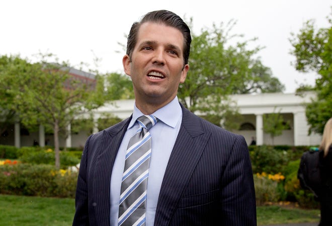 In this April 17, 2017 file photo, Donald Trump Jr., the son of President Donald Trump, speaks to media on the South Lawn of the White House in Washington. President Trump’s oldest son is expected to meet privately Thursday with a Senate committee investigating Russian interference in the 2016 presidential election. Donald Trump Jr.’s closed-door appearance before the Senate Judiciary Committee is likely to focus on a meeting he convened with a Russian lawyer during the campaign. Emails released in July show Trump Jr. was told the meeting at Trump Tower was part of a Russian government effort to aid his father during the election. (AP Photo/Carolyn Kaster)