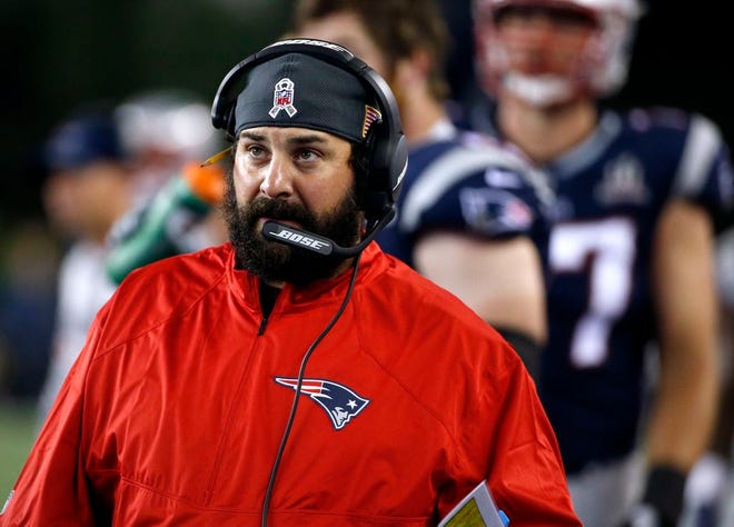 New England Patriots defensive coordinator Matt Patricia watches from the sideline during the second half of an NFL football game against the Kansas City Chiefs, Thursday, Sept. 7, 2017, in Foxborough, Mass. The Chiefs defeated the Patriots 42-27. The good news for New England is that the last three times it lost its season opener it went on the win the Super Bowl. (AP Photo/Michael Dwyer)