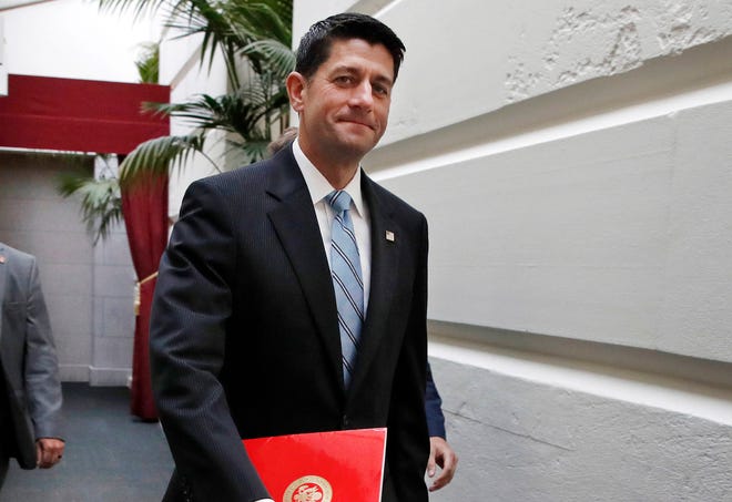 In this Sept. 6, 2017, photo, House Speaker Paul Ryan of Wisconsin, right, arrives for a meeting with House Republicans on Capitol Hill in Washington. The tortured relationship between President Donald Trump and Ryan has gone cool again, with the Republican president making clear he has no qualms about bucking the GOP leader to cut deals with his Democratic foes. (AP Photo/Jacquelyn Martin)