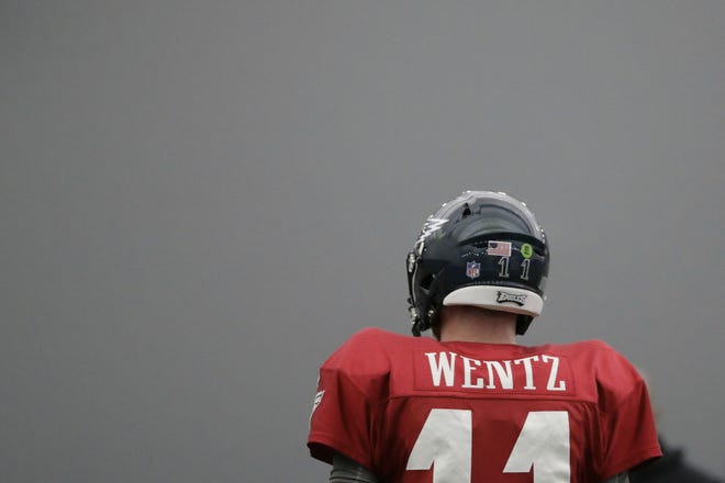Eagles quarterback Carson Wentz participates in a drill Wednesday, Sept. 6, 2017, in Philadelphia.