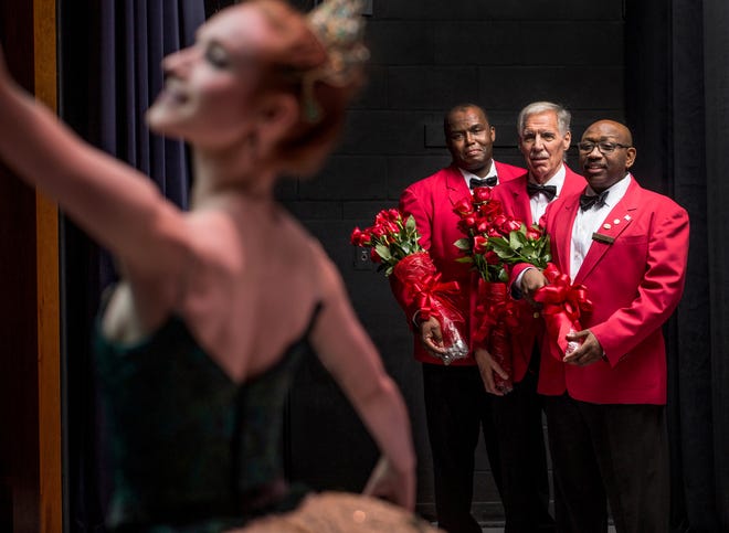 Ushers Louis Simmons, Peter Ancona and Jason Miller are photographed with Melanie Riffee from The Suzanne Farrell Ballet at The John F. Kennedy Center for the Performing Arts. [Jonathan Thorpe/The Washington Post]