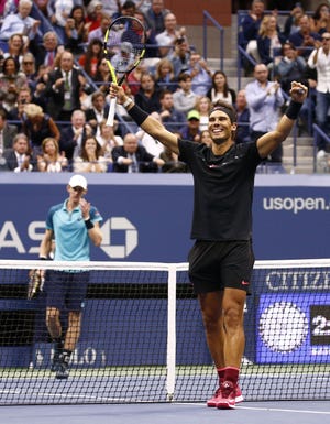 Rafael Nadal, of Spain, reacts after beating Kevin Anderson, of South Africa, to win the men's singles final of the U.S. Open tennis tournament, Sunday, Sept. 10, 2017, in New York. (AP Photo/Peter Morgan)