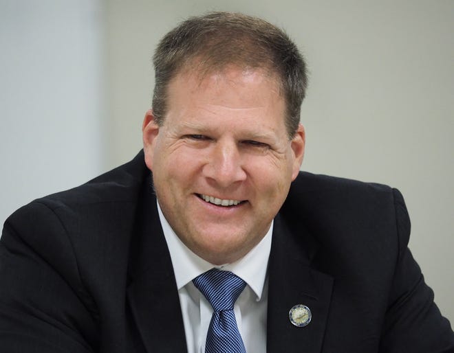New Hampshire Gov. Chris Sununu meets with the editorial board of Seacoast Media Group in Portsmouth Friday. [Rich Beauchesne/Seacoastonline]