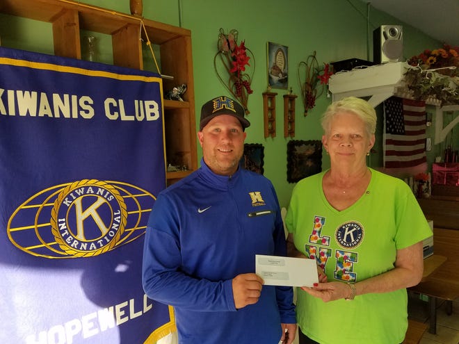 During the September meeting of the Hopewell Kiwanis Club, Jan Yonning, club president, right, presents a $500 donation to Ricky Irby, Hopewell High School head football coach. The donation will allow the team to purchase new football equipment. [Contributed Photo]