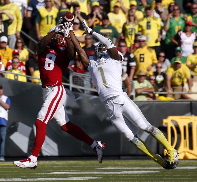 Oregon cornerback Arrion Springs breaks up a pass intended for Nebraska wide receiver Stanley Morgan Jr. on third down during the fourth quarter of the non-conference game at Autzen Stadium in Eugene. (Andy Nelson/The Register-Guard)