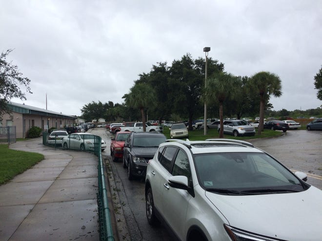 The parking lot is full with the cars of Hurricane Irma evacuees at Marjorie Kinnan Elementary School on Tallevast Road in southern Manatee County on Sunday, Sept. 10, 2017. [Herald-Tribune staff photo / Terry Galvin]