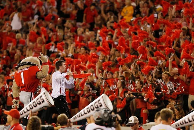 Hairy Dawg pumps the fans in the second half NCAA college football game between Georgia and Appalachian State in Athens, Ga., Saturday, Sept. 2, 2017. (Photo/Joshua L. Jones, Athens Banner-Herald)