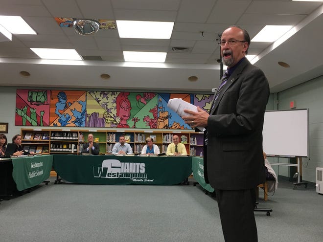 Anthony Petruzzelli will be the new Westampton superintendent, effective Oct. 2. He addressed the audience and the Board of Education after he was officially approved on Monday, Sept. 11, 2017.