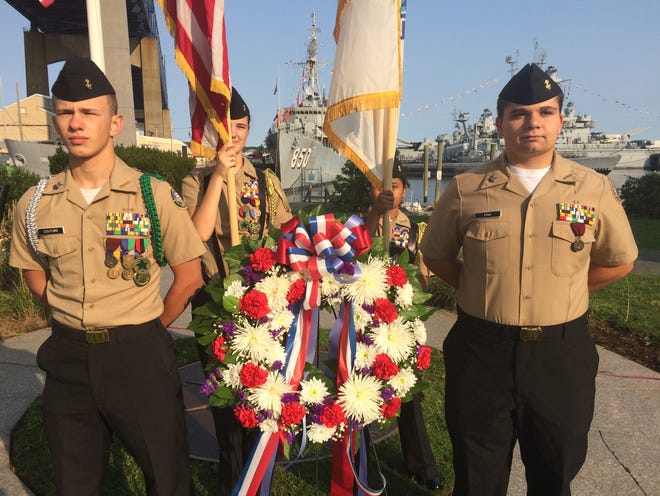 Local JROTC members present the colors and a wreath Monday during a ceremony at Battleship Cove to remember those who died in the Sept. 11, 2001 terror attacks. [Photo courtesy Bristol County Sheriff's Office]