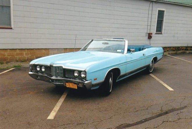 Frank Clark from New York owns this very rare 1972 Ford LTD convertible, the last full size Ford convertible to roll off the assembly line in the 1970 decade. The identification plate states color 3B, which that year stood for the light blue paint and the body code 76H stands for convertible LTD. [Clark collection photo]