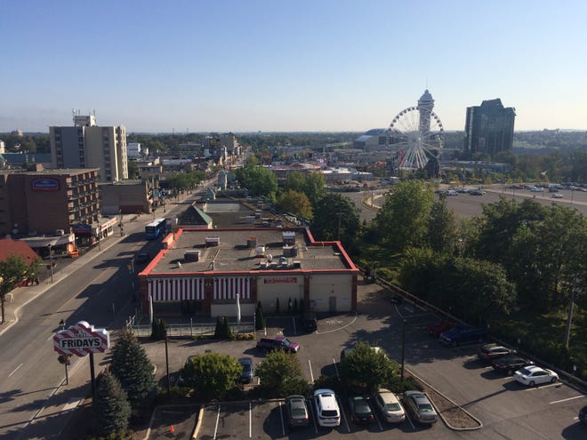 The view of Clifton Hill's entertainment district from our Niagara Falls hotel room. (Photo by Berry Tramel)