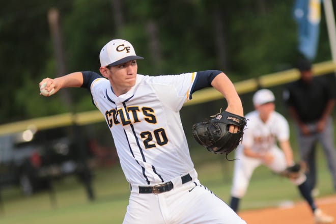 Gavin Williams pitches as Cape Fear High School Baseball takes on Jack Britt in the Mid-South Championships at Cape Fear High School on Thursday, May 4, 2017. [Raul F. Rubiera/The Fayetteville Observer]
