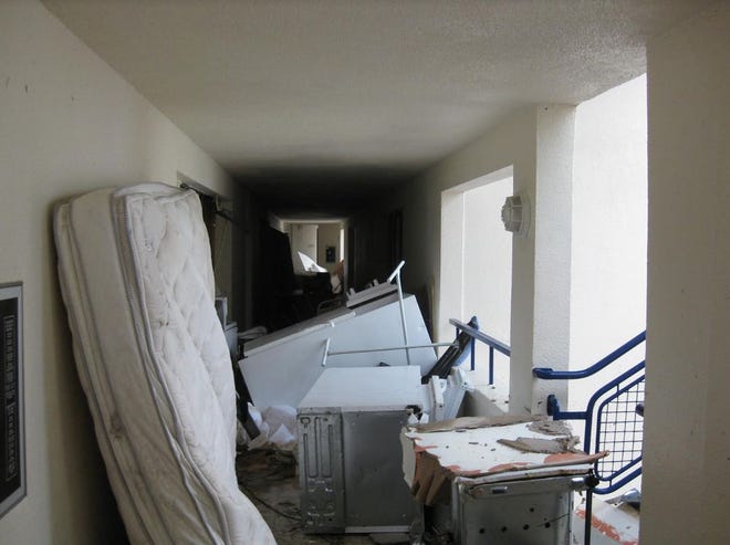 The hallway outside of Waynesboro Area School District Tech Director Nic Erickson’s room at the Flamingo Beach Resort on the island of St. Martin were heavily damaged on Sept. 6 by Hurricane Irma. The hurricane struck the island with 185 mph winds. Refrigerators, furniture, beds and debris were thrown out into the halls, while other resorts on the island were completely destroyed.