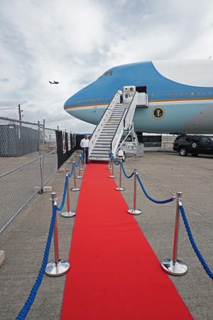 A red carpet beckons visitors who want to tour the replica Air Force One at Quonset State Airport. [The Providence Journal/Sandor Bodo]