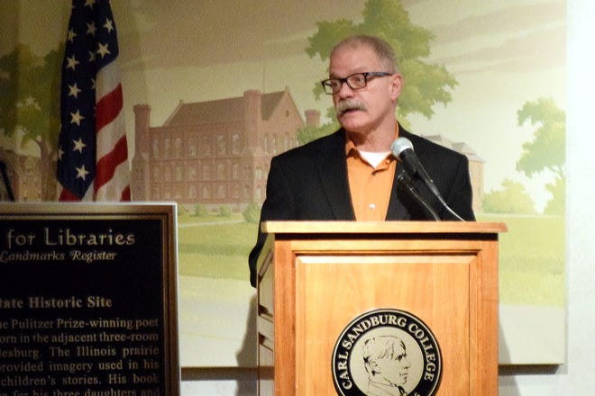 Illinois Poet Laureate Kevin Stein speaks to the crowd during a 2015 ceremony to designate the Carl Sandburg State Historic Site as a Literary Landmark. BILL NICE/The Register-Mail