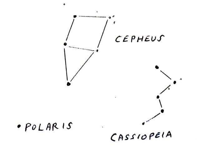 Look north on a late summer or fall evening for the constellations Cepheus and Cassiopeia. Polaris, the North Star, is also shown.

Chart by Peter Becker