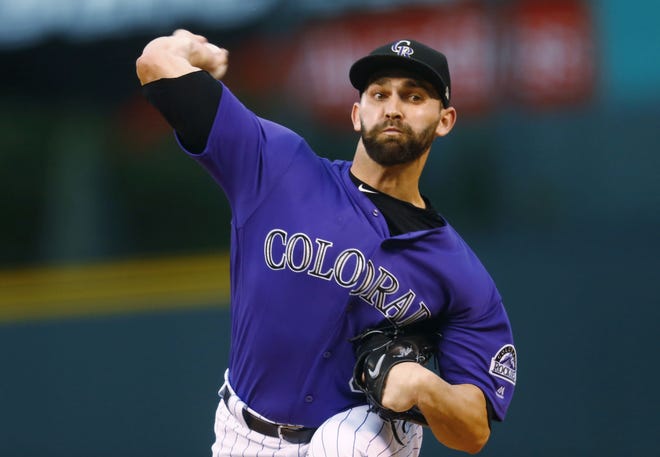 Colorado Rockies starting pitcher Tyler Chatwood delivers a pitch to San Diego Padres' Manuel Margot in the first inning of a baseball game Friday, Sept. 15, 2017, in Denver. (AP Photo/David Zalubowski)