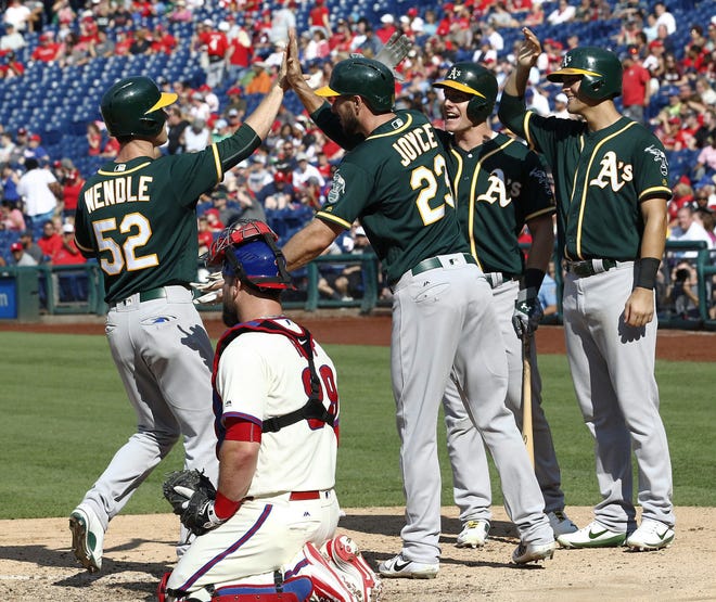 Oakland Athletics' Joey Wendle is greeted at the plate by Matt Joyce and unidentified teammates as Phillies catcher Cameron Rupp looks on after hitting a grand slam off Phillies pitcher Edubray Ramos during the sixth inning of a baseball game, Sunday, Sept. 17, 2017, in Philadelphia. (AP Photo/Tom Mihalek)