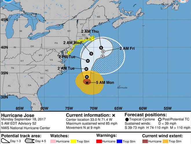 The latest path of Hurricane Jose as of 5 a.m. on Monday.