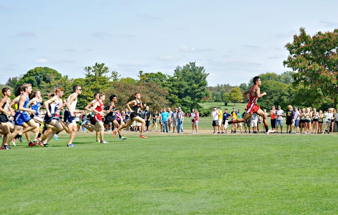 Coldwater senior Shuaib Aljabaly (shown here out front) raced out to a big lead over the first 100 meters of the MSU Spartan Invite Saturday. JACKI BILSBORROW PHOTO