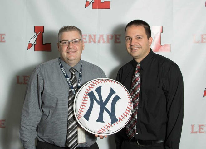 Nick Orphanos (left) was nominated by fellow teacher Tom Tamubrello for a recognition by Yankees Spanish Radio and the New Jersey Education Association.