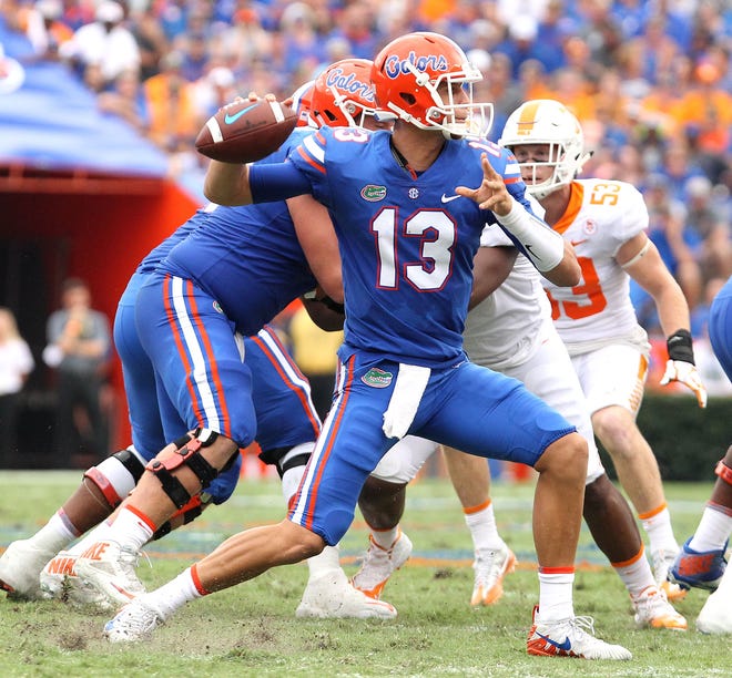 Florida quarterback Feleipe Franks completed 18 of 28 passes for 212 yards and two touchdowns Saturday against Tennessee at Ben Hill Griffin Stadium. [Brad McClenny/GateHouse Florida]