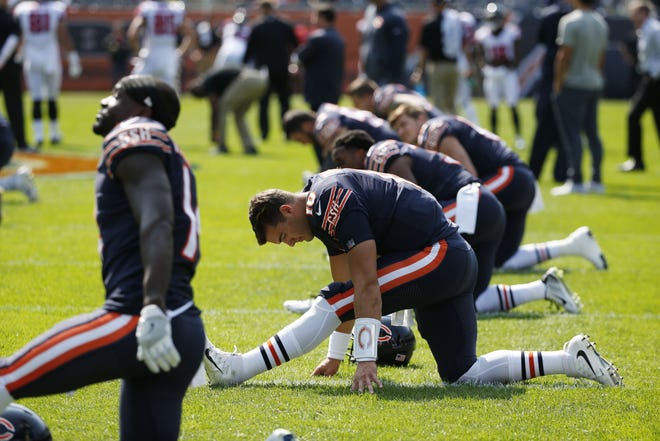 Chicago Bears quarterback Mitchell Trubisky (10) warms up before an NFL football game, Sunday, Sept. 10, 2017, in Chicago. (AP Photo/Nam Y. Huh)