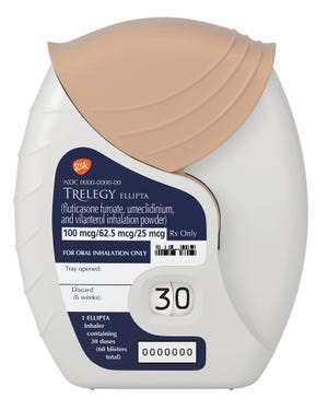 This photo provided by GlaxoSmithKline PLC shows the company’s Trelegy Ellipta inhaler. Late Monday, Sept. 18, 2017, the Food and Drug Administration approved the product, which is the first inhaler that combines three medicines to ease breathing in patients with emphysema or chronic bronchitis. (GlaxoSmithKline PLC via AP)