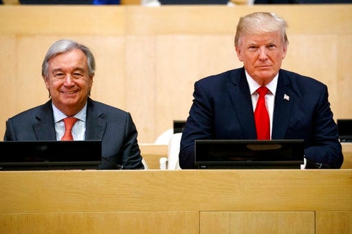 President Donald Trump sits with UN Secretary General Antonio Guterres for a photo before the "Reforming the United Nations: Management, Security, and Development" meeting during the United Nations General Assembly, Monday, Sept. 18, 2017, in New York.