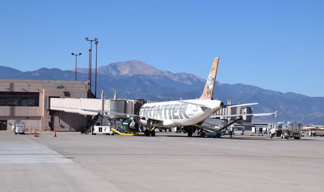 COURTESY PHOTO/COLORADO SPRINGS AIRPORT A Frontier Airlines jet awaits departure at Colorado Springs Airport.