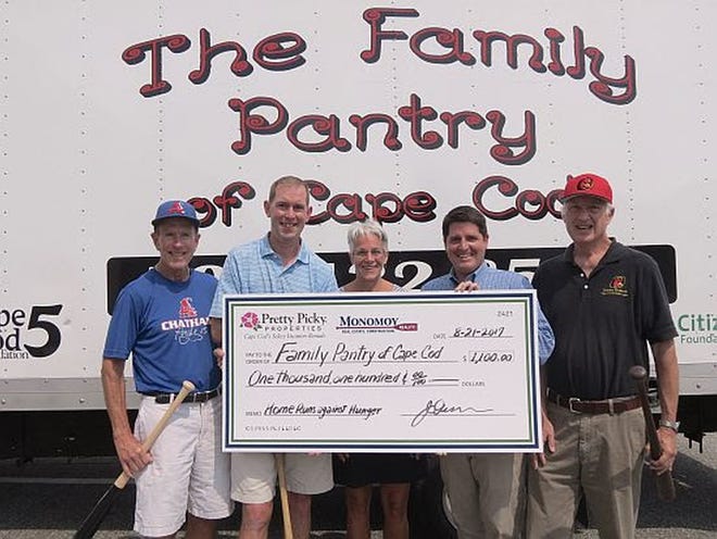The Family Pantry of Cape Cod received an $1,100 donation from Pretty Picky Properties and Monomoy Real Estate and Construction, both of which pledged $50 for each home team home run hit by the Chatham Anglers and Orleans Firebirds during the recent Cape Cod Baseball League season. [Photo provided by Pretty Picky Properties]