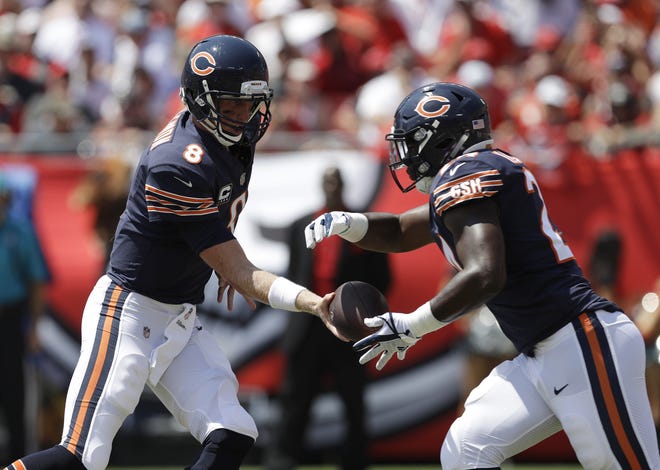 Chicago Bears quarterback Mike Glennon (8) hands the ball to running back Jordan Howard (24), during the first half of Sunday's game against the Tampa Bay Buccaneers in Tampa, Fla. [AP Photo/Chris O'Meara]