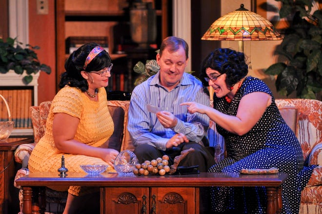 Felix and the Pigeon Sisters in "The Odd Couple," from left to right, Kelly Korman as Gwendolyn, Adam Cornett as Felix and Mikaela Duffy as Cecily. [MATT WEBER PHOTOGRAPHICS]