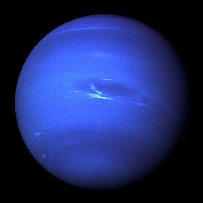 Planet Neptune, imaged by Voyager 2 as it went past in August 1989.

NASA/JPL/Public Domain/Wikimiedia Commons
