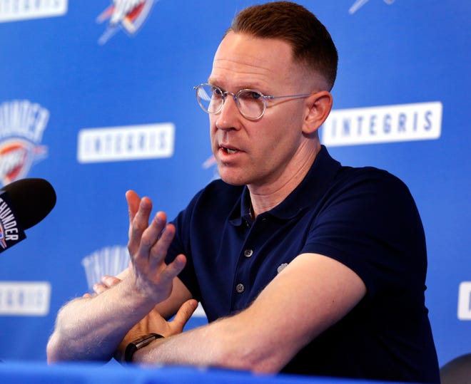 Sam Presti holds his annual preseason news conference to discuss the opening of Thunder training camp on Friday, Sept. 22, 2017 in Oklahoma City, Okla. Photo by Steve Sisney, The Oklahoman