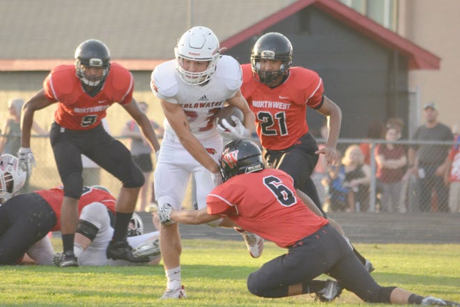 Coldwater's Logan Fee rumbles for an early big gain versus Jackson Northwest Friday. The Cardinals would roll to a big win over the Mounties.



JULIE BUCKLIN PHOTO