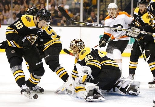 Bruins' prospect Anders Bjork (left), shown playing against the Flyers on Thursday, hopes to get a spot alongside Patrice Bergeron and Brad Marchand on Boston's top line. [AP Photo/Michael Dwyer]
