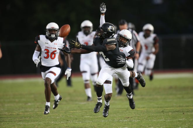 JoJo Spann (2) can't quite pull in a reception during UNCP's loss to Tusculum on Saturday, Sept. 23, 2017. [WILLIS GLASSGOW/UNCP PHOTO]