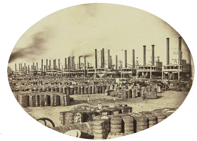 This coated salt print shows New Orleans cotton wharves sometime between 1858 and 1861, by Jay Dearborn Edwards. It is among 19th century landscape photographs in an exhibit to be shown at the museum from Oct. 6 to Jan. 7, including some of the earliest photographs taken in this country. [NEW ORLEANS MUSEUM OF ART VIA AP]