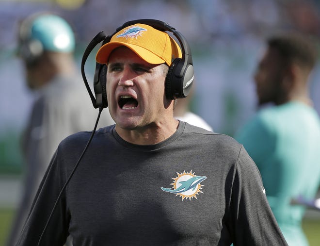 Miami Dolphins head coach Adam Gase reacts during the second half on Sunday against the New York Jets. [SETH WENIG/THE ASSOCIATED PRESS]