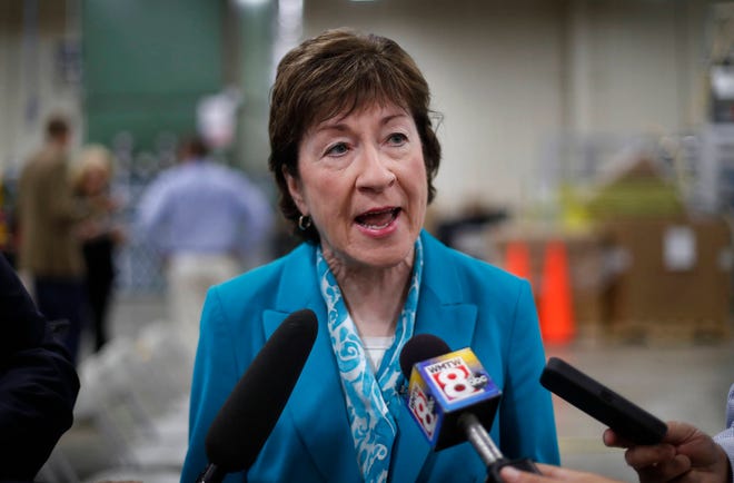 FILE - In this Thursday, Aug. 17, 2017, file photo, U.S. Sen. Susan Collins, R-Maine, speaks to members of the media while attending an event in Lewiston, Maine. Collins said Sunday, Sept. 24, she finds it “very difficult” to envision backing the last-chance GOP bill repealing the Obama health care law. That likely opposition leaves the Republican drive to fulfill one of the party’s premier campaign promises dangling by a thread. (AP Photo/Robert F. Bukaty, File)