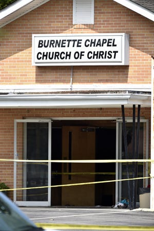 Police tape lines the scene at the Burnette Chapel Church of Christ after a deadly shooting at the church on Sunday, Sept. 24, 2017, in Antioch, Tenn. [Andrew Nelles/The Tennessean via AP]